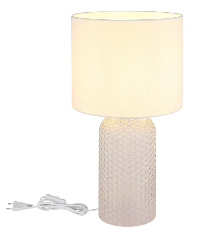 Sofia 50cm Blanc lampe de table De Globo Lighting - Bordslampan Sofia imponerar med sin eleganta kombination av en texturerad glaskropp och en cylindrisk textilsk&auml;rm.