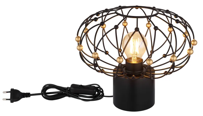 Greys 25cm Noir lampe de table De Globo Lighting - Den runda metallsk&auml;rmen i mattsvart med dekorativa guldf&auml;rgade detaljer ger lampan ett sofistikerat uttryck och blir ett stilfullt inslag i hemmet.