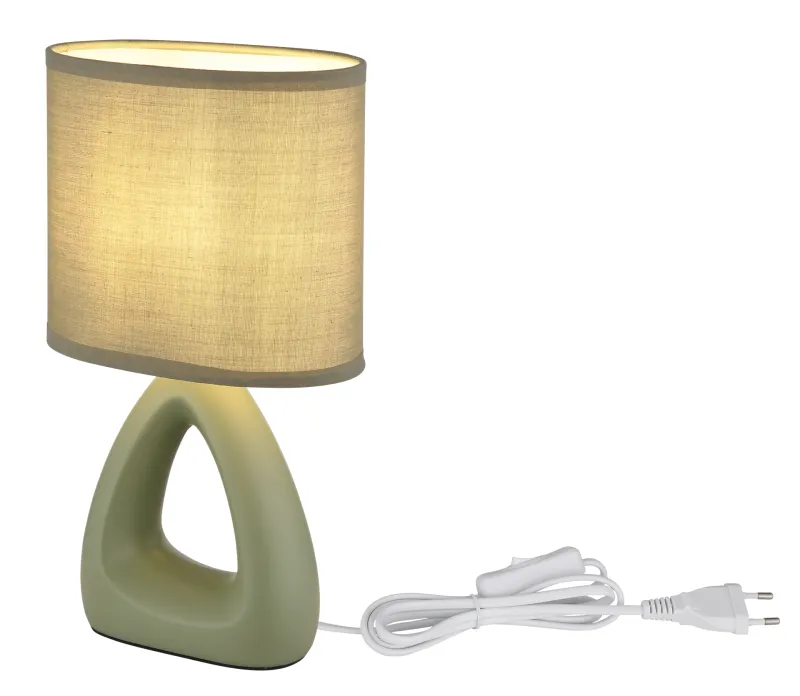 Triangle 30cm Vert lampe de table De Globo Lighting - Den triangelformade basen med ett stilrent utskuret h&aring;l ger ett modernt intryck, medan den ovala textilsk&auml;rmen i mjuk ljusgr&ouml;n f&auml;rg sprider ett behagligt och j&auml;mnt ljus.