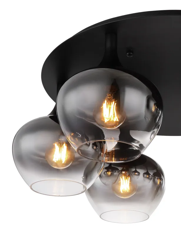 Maxy Ø65 Couleur fumée plafonnier De Globo Lighting - P&aring; en rund takplatta av matttsvart metall sitter sex vackert formade r&ouml;kf&auml;rgade glaskupor.