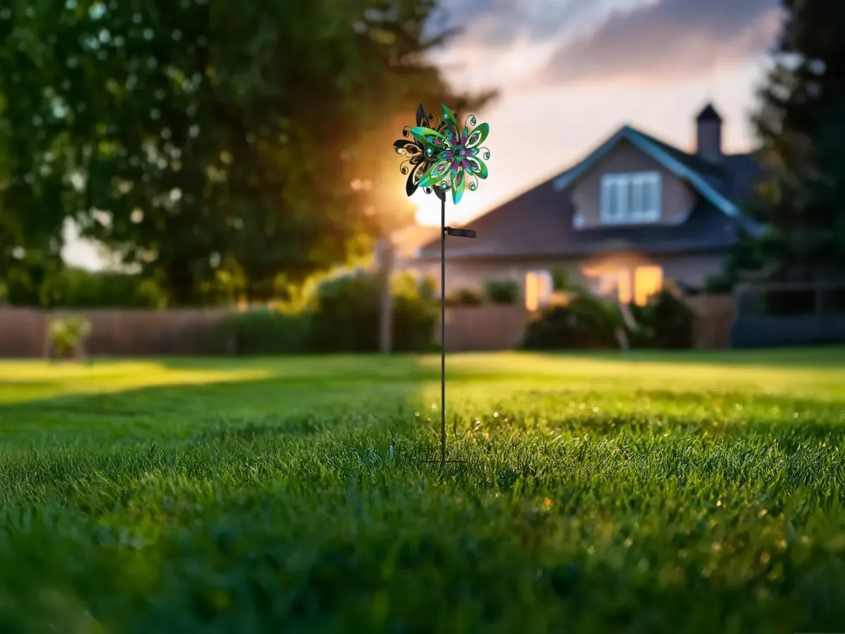 Wind Vert lampe solaire De Globo Lighting - De dekorativa bladen roterar med vinden och skapar en vacker r&ouml;relse, medan den inbyggda solcellsbelysningen lyser upp i m&ouml;rkret f&ouml;r en magisk effekt.