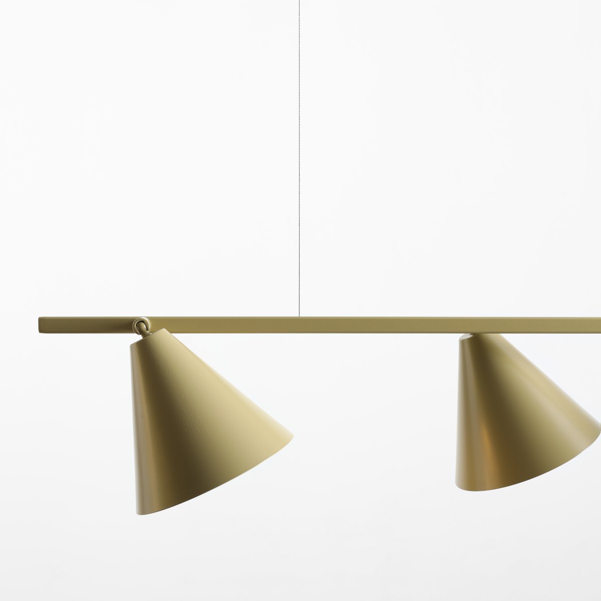 Form 120cm Pistache suspension De Artera - Sa forme allongée s'harmonise parfaitement avec ses quatre abat-jour coniques d'un doux vert pistache, conférant à la lumière un caractère à la fois moderne et décoratif.