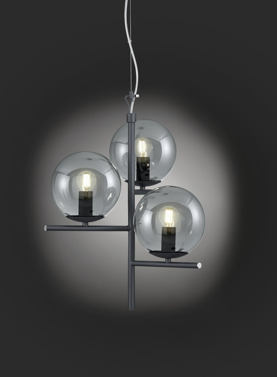 Pure Ø40 Couleur fumée suspension De Trio Lighting - La combinaison de couleurs intemporelle du noir mat et du verre fumé s'adapte parfaitement à tous les styles de vie.