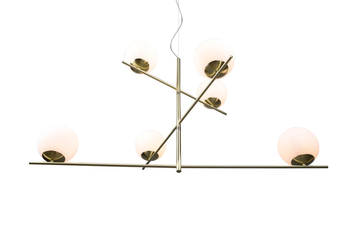 Pure 115cm Laiton mat suspension De Trio Lighting - Le design moderne et minimaliste avec du laiton mat et du verre blanc peut &ecirc;tre combin&eacute; avec des &eacute;l&eacute;ments &agrave; la fois efficaces et subtils.