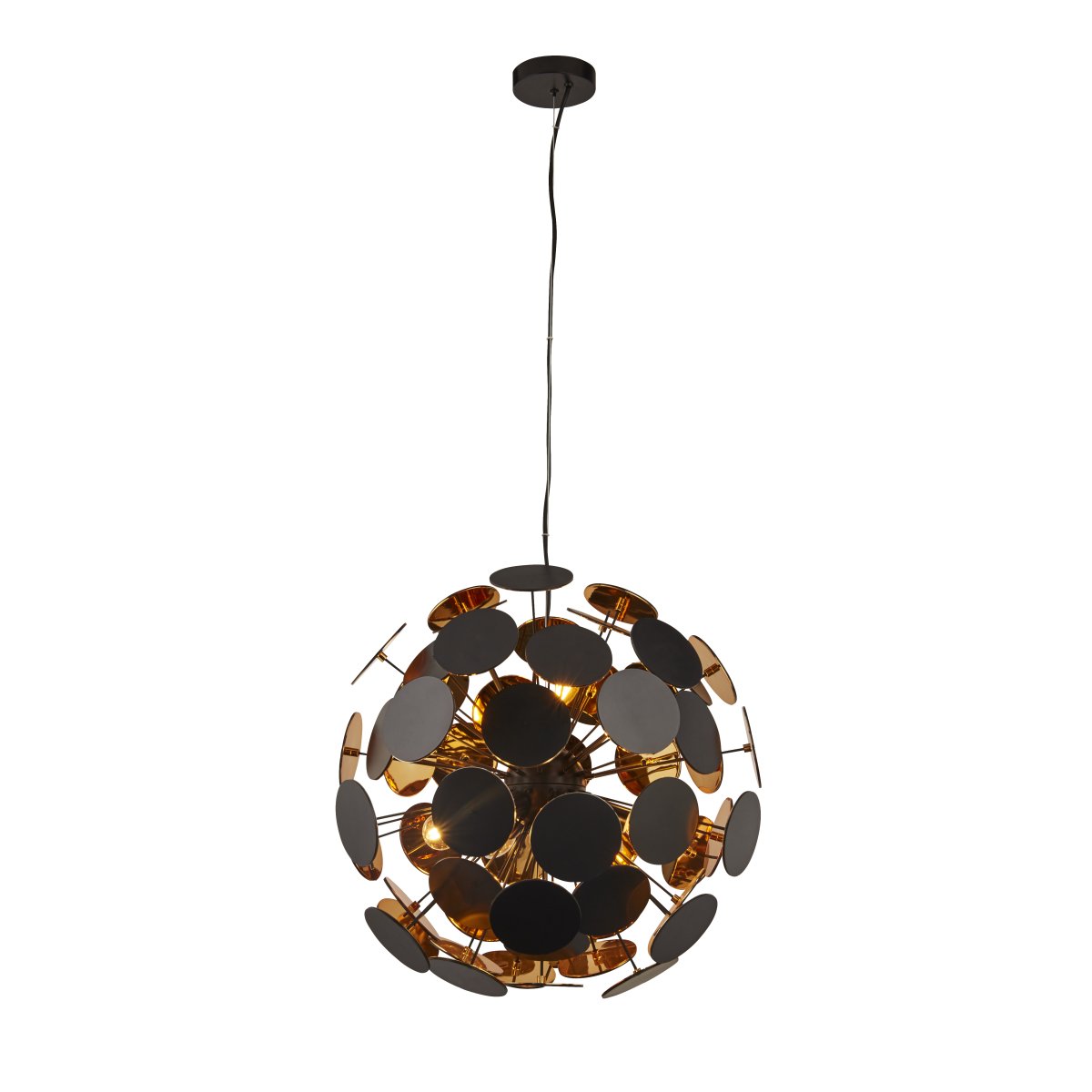 Discus Ø54 Noir suspension De Searchlight - La suspension Discus à six sources lumineuses a une finition noire mate et des embouts métalliques avec des disques ronds aux extrémités et un intérieur de couleur dorée.