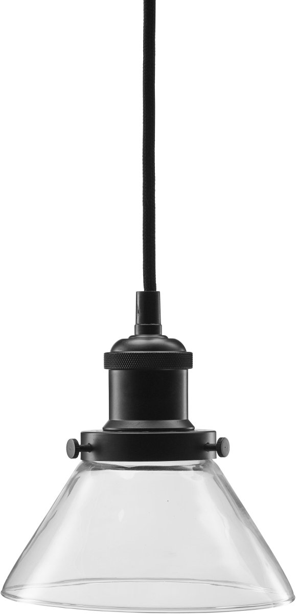 August Ø15 Transparent lampe de fenêtre De PR Home - La lampe est livrée avec un câble textile noir de 3 mètres de long et dispose d'une prise murale et d'un interrupteur d'alimentation.