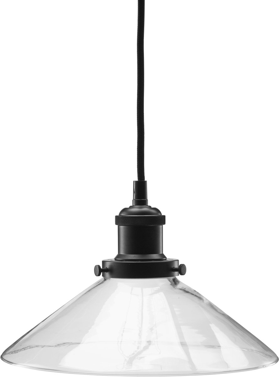 August Ø25 Transparent lampe de fenêtre De PR Home - La lampe est livrée avec un câble textile noir de 3 mètres de long et dispose d'une prise murale et d'un interrupteur d'alimentation.