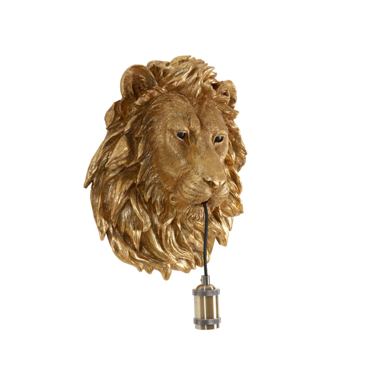 Lion 40cm Bronze applique murale De Light & Living - La lampe, élégamment suspendue à la gueule du lion, repose sur un socle décoratif en laiton, créant un effet saisissant et expressif.