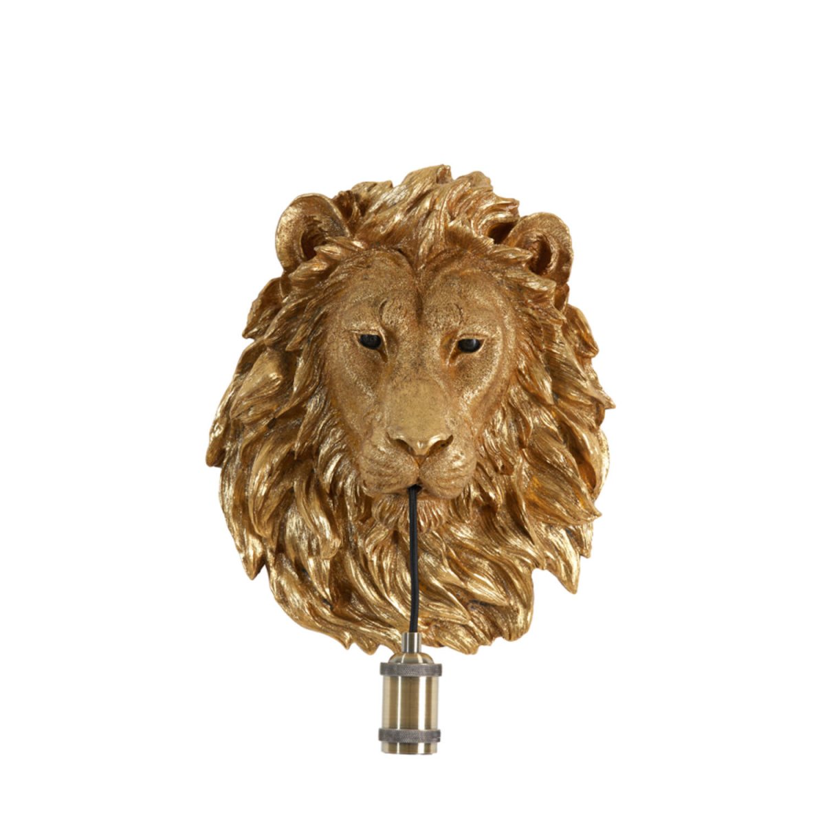 Lion 40cm Bronze applique murale De Light & Living - La lampe, élégamment suspendue à la gueule du lion, repose sur un socle décoratif en laiton, créant un effet saisissant et expressif.