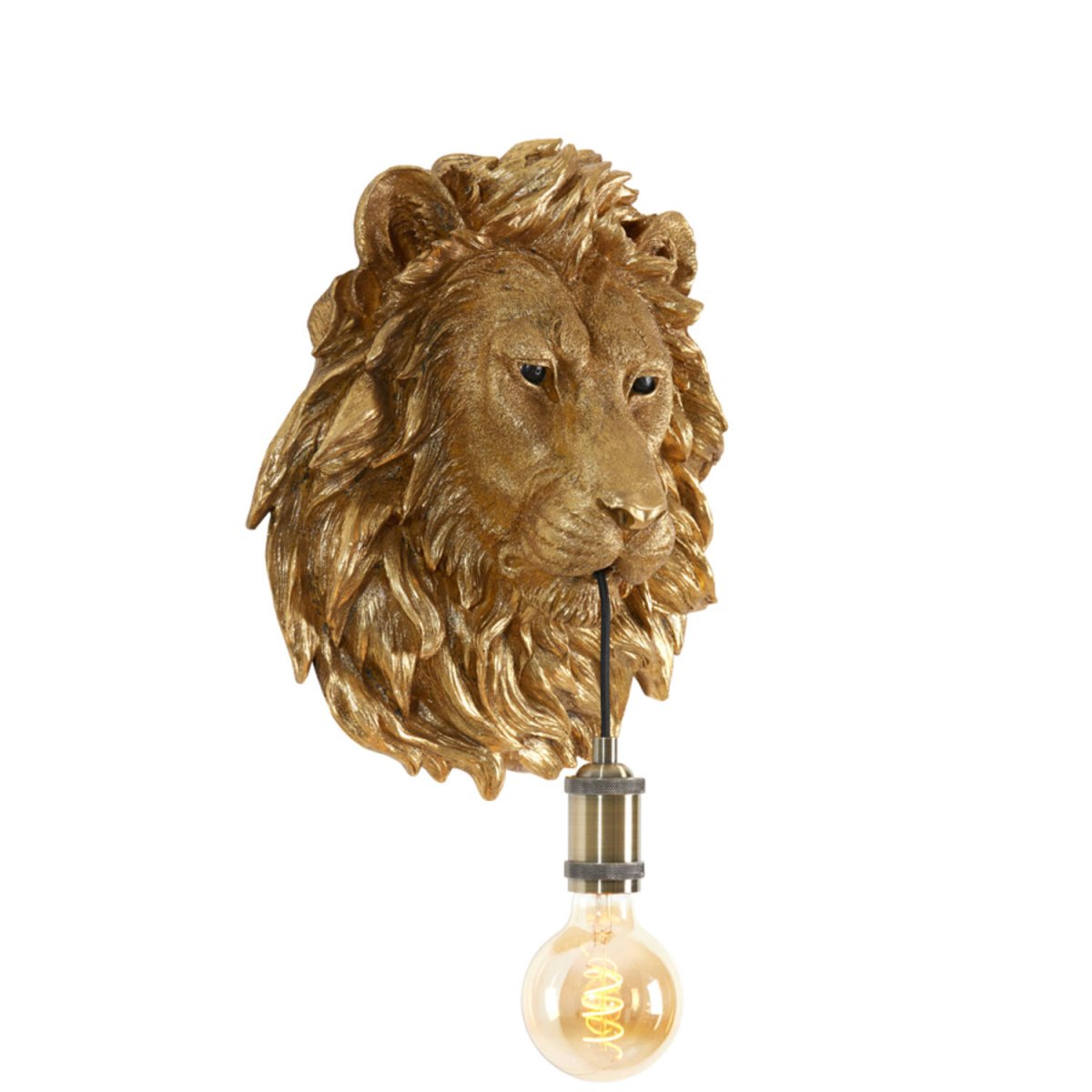 Lion 40cm Bronze applique murale De Light & Living - La lampe, élégamment suspendue à la gueule du lion, repose sur un socle décoratif en laiton, créant un effet saisissant et expressif.