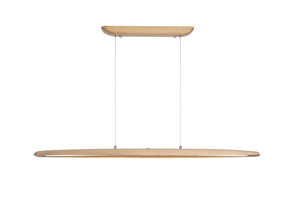 Kenzie 120cm Bois suspension De Searchlight - Son ruban LED intégré diffuse la lumière vers le bas, offrant un éclairage doux et uniforme pour les tables à manger, les cuisines ou les bureaux.