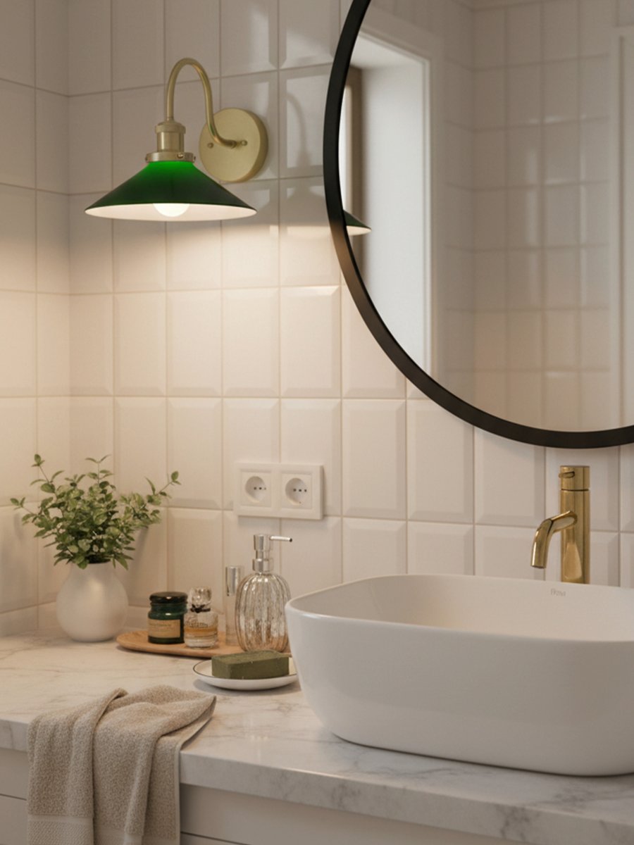 August 38cm Laiton/vert lampe de salle de bain De PR Home - Con&ccedil;ue sp&eacute;cialement pour les salles de bain, cette applique de style cordonnier est dot&eacute;e d'un &eacute;l&eacute;gant abat-jour en verre de 25 cm de diam&egrave;tre qui diffuse une lumi&egrave;re douce et homog&egrave;ne.