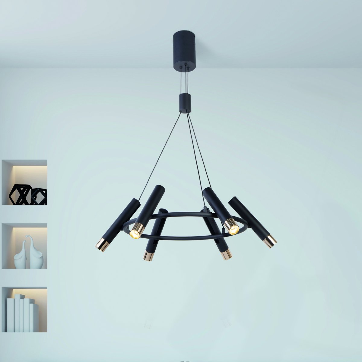Cylinder Ø70 Noir suspension De Searchlight - Cette lampe moderne est réglable en hauteur et en angle, ce qui la rend flexible et adaptée à différentes pièces.