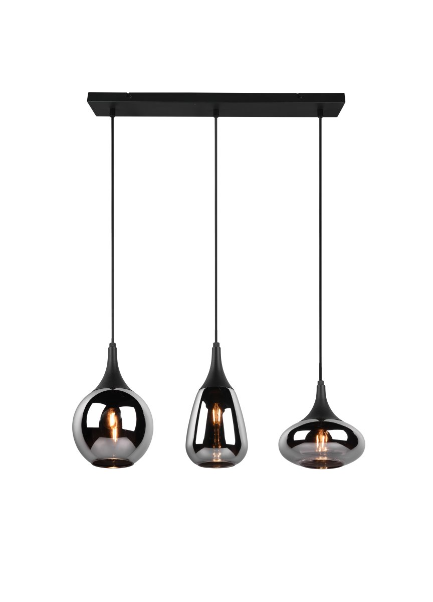 Lumina 68cm Noir suspension De Trio Lighting - La palette de couleurs noir mat et les abat-jour en verre en chrome bross&eacute; lui permettent de s'int&eacute;grer facilement dans diff&eacute;rents styles d'int&eacute;rieur.