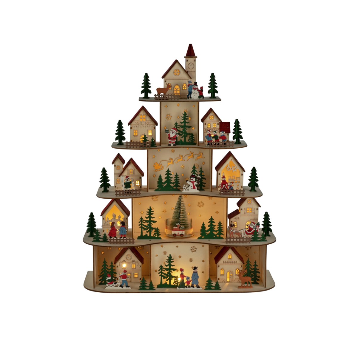Village de Noël LED 48cm Bois De Konstsmide - Le village fonctionne avec 3 piles AA (non incluses) et dispose d'une fonction minuterie (6 heures allum&eacute;, 18 heures &eacute;teint, r&eacute;p&eacute;tition possible), ce qui le rend &agrave; la fois pratique et &eacute;conome en &eacute;nergie.