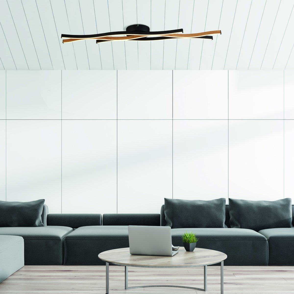 Bloom 108cm Noir plafonnier De Searchlight - Le plafonnier Bloom en métal noir et aspect bois est un détail d'intérieur élégant et fonctionnel qui met en valeur n'importe quelle pièce.