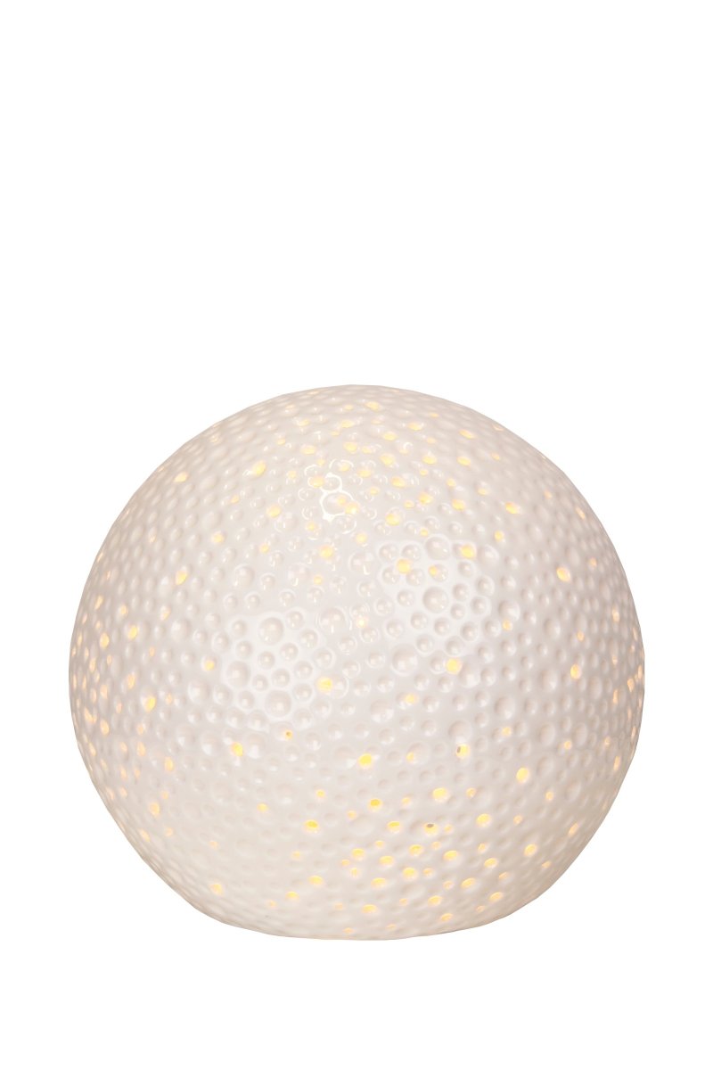 Moonlight 20cm Blanc lampe de table De Globen Lighting - La surface de cette lampe de table un peu plus moderne présente des trous perforés de différentes tailles ainsi que des cratères qui rappellent l'apparence des hommes.