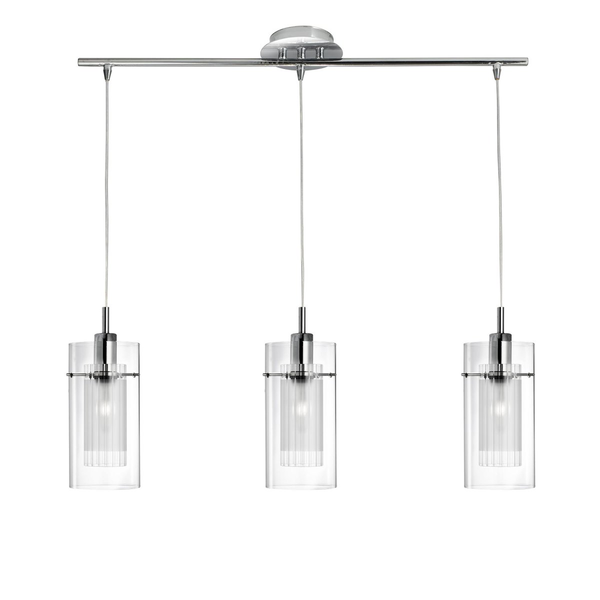 Duo 70cm Chrome suspension De Searchlight - Les trois abat-jour se composent d'un verre transparent extérieur et d'un verre dépoli intérieur, créant ainsi une lumière raffinée.