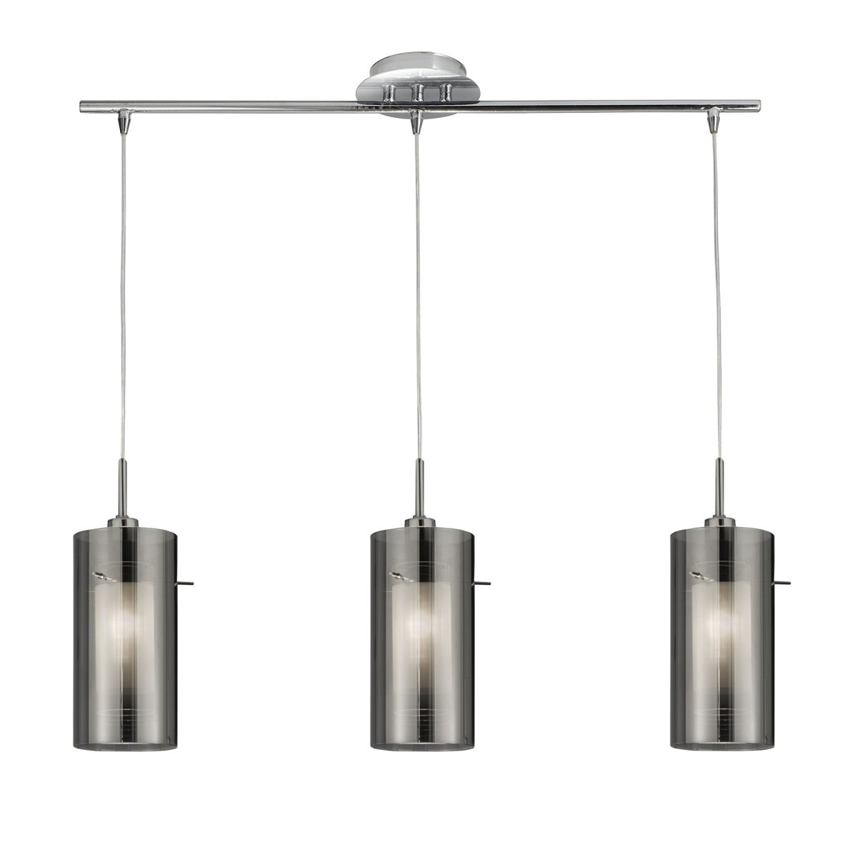 Duo 70cm Argent suspension De Searchlight - Ce duo de suspensions en argent satiné, composé de trois abat-jour cylindriques en verre, apporte une touche de modernité et d'élégance à toute cuisine ou salle à manger et s'intègre parfaitement au-dessus d'une table.