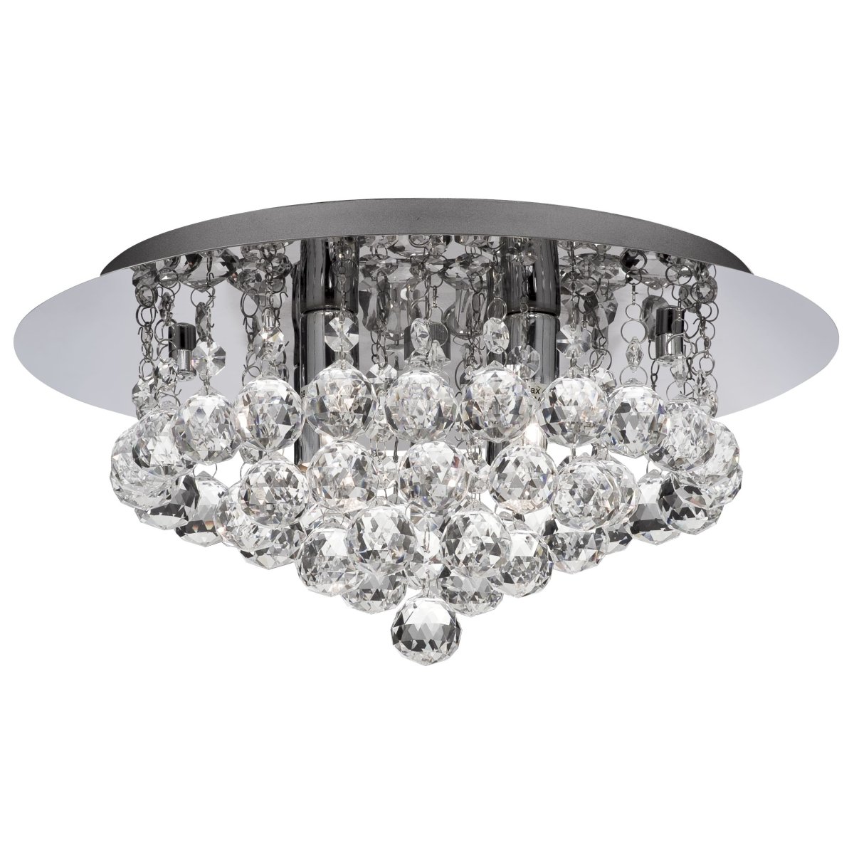Hanna Ø35 Chrome cristal De Searchlight - La lampe luxueuse se trouve pr&egrave;s du plafond et dispose de quatre sources lumineuses entour&eacute;es de magnifiques d&eacute;corations et sph&egrave;res en cristal.