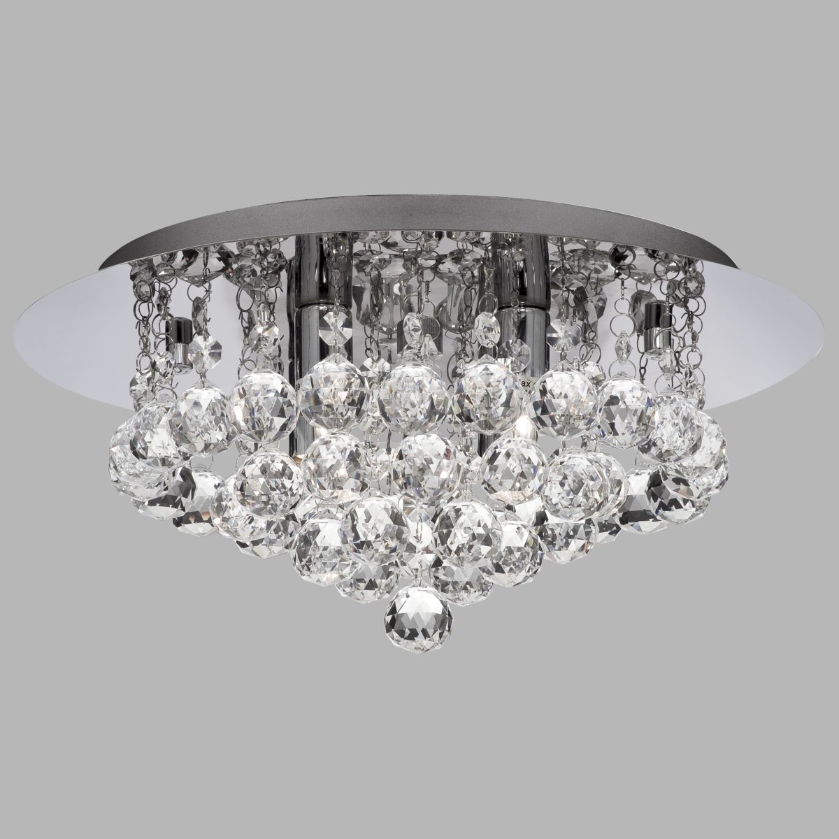 Hanna Ø35 Chrome cristal De Searchlight - La lampe luxueuse se trouve pr&egrave;s du plafond et dispose de quatre sources lumineuses entour&eacute;es de magnifiques d&eacute;corations et sph&egrave;res en cristal.