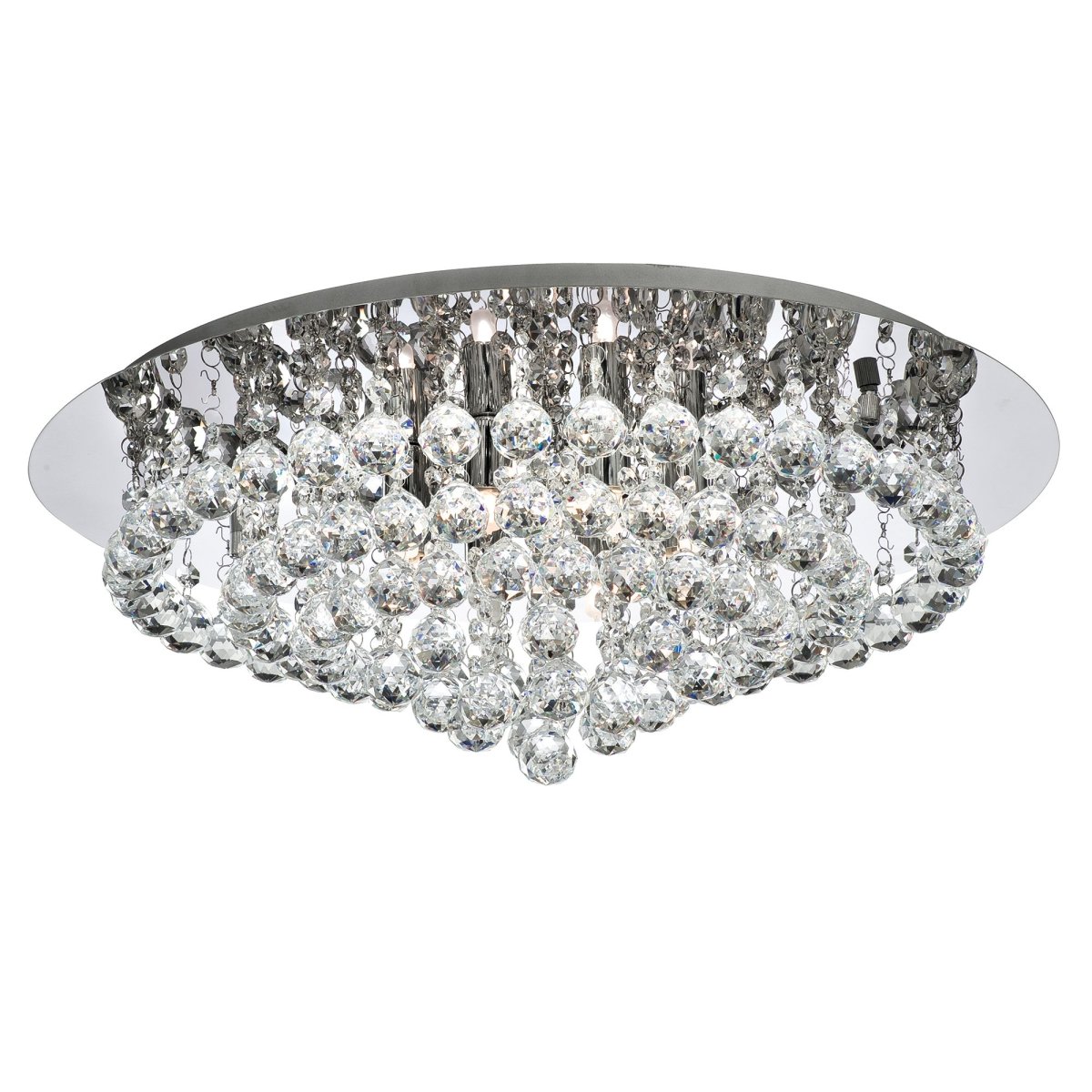 Hanna Ø55 Chrome cristal De Searchlight - La lampe luxueuse se trouve pr&egrave;s du plafond et dispose de huit sources lumineuses entour&eacute;es de garnitures et de sph&egrave;res en cristal d&eacute;cadentes.
