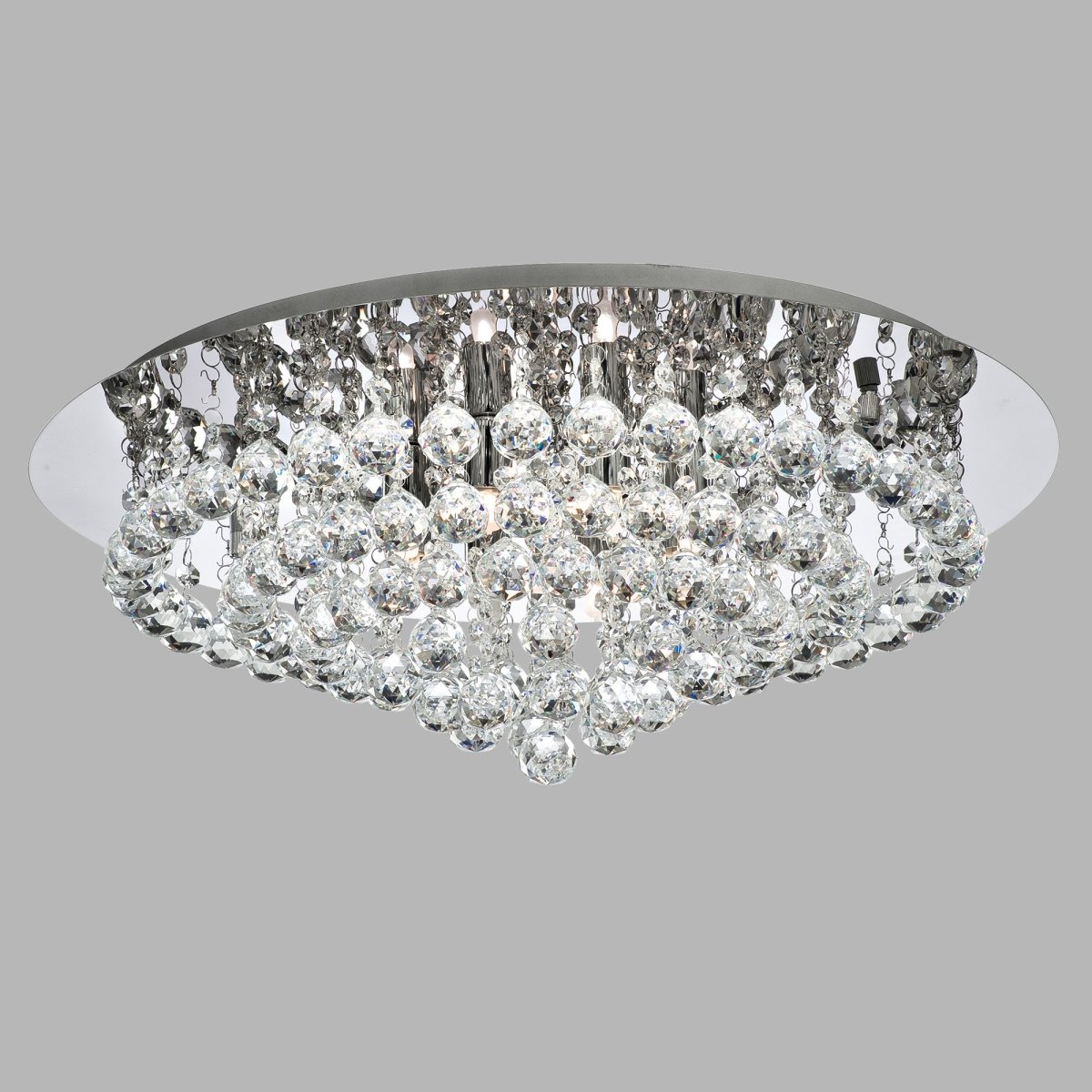 Hanna Ø55 Chrome cristal De Searchlight - La lampe luxueuse se trouve pr&egrave;s du plafond et dispose de huit sources lumineuses entour&eacute;es de garnitures et de sph&egrave;res en cristal d&eacute;cadentes.