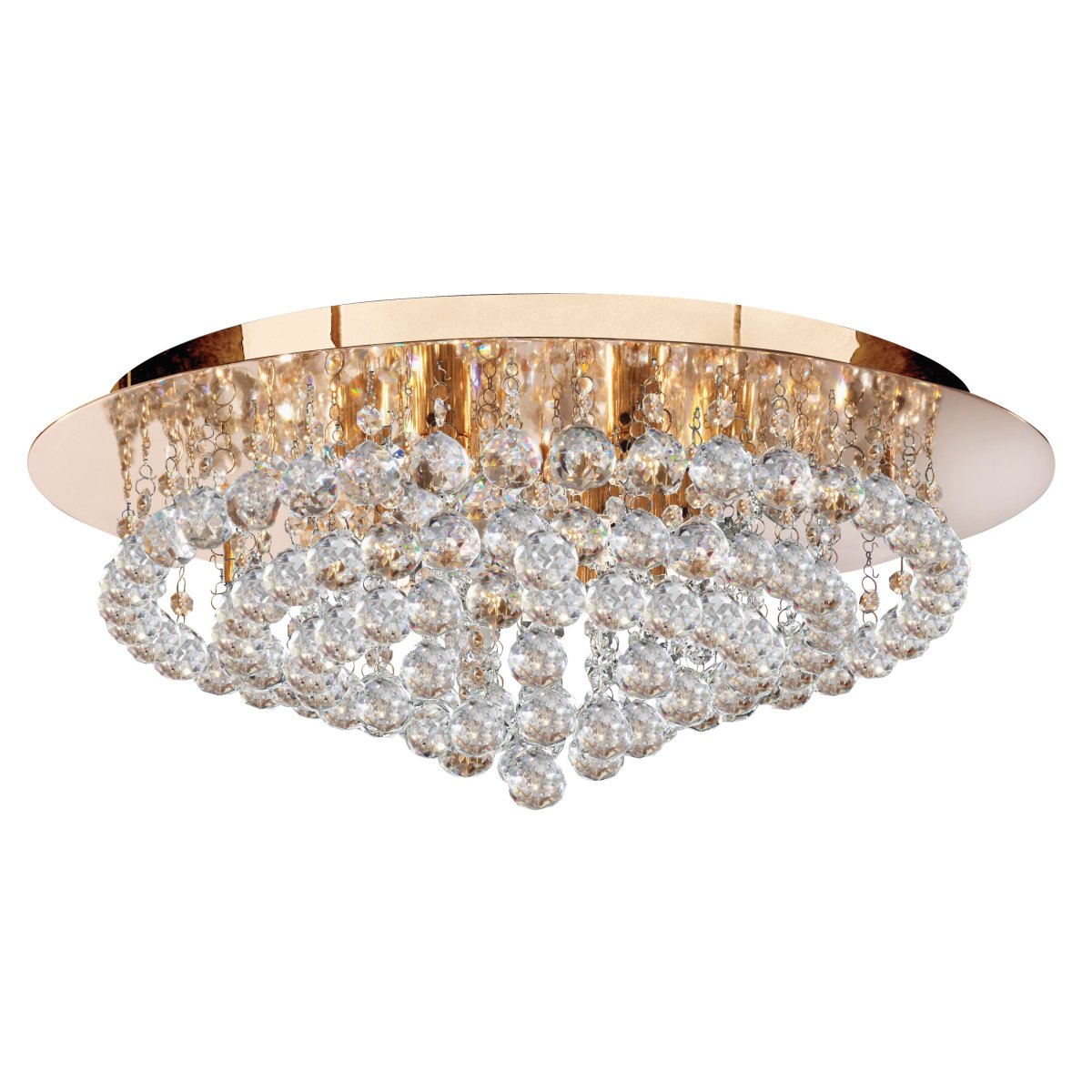 Hanna Ø55 Or plafonnier De Searchlight - La lampe luxueuse se trouve près du plafond et dispose de huit sources lumineuses entourées de garnitures et de sphères en cristal décadentes.