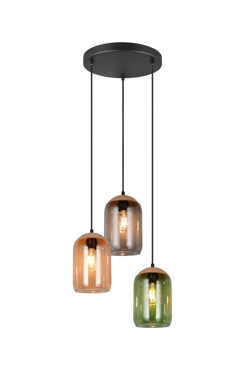 Cork Ø30 Multicolore suspension De Trio Lighting - Le m&eacute;lange de mat&eacute;riaux compos&eacute; de li&egrave;ge, de verre et de m&eacute;tal souligne l'&eacute;quilibre entre le design moderne et la beaut&eacute; de la nature - parfait pour cr&eacute;er un environnement calme et atmosph&eacute;rique.