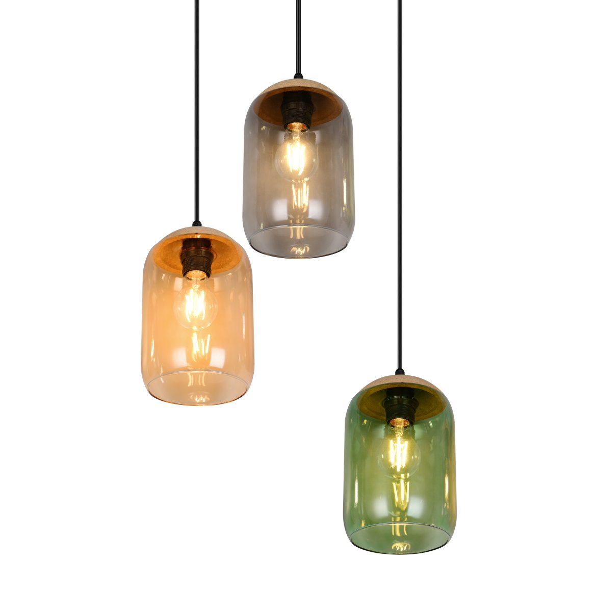 Cork Ø30 Multicolore suspension De Trio Lighting - Le m&eacute;lange de mat&eacute;riaux compos&eacute; de li&egrave;ge, de verre et de m&eacute;tal souligne l'&eacute;quilibre entre le design moderne et la beaut&eacute; de la nature - parfait pour cr&eacute;er un environnement calme et atmosph&eacute;rique.