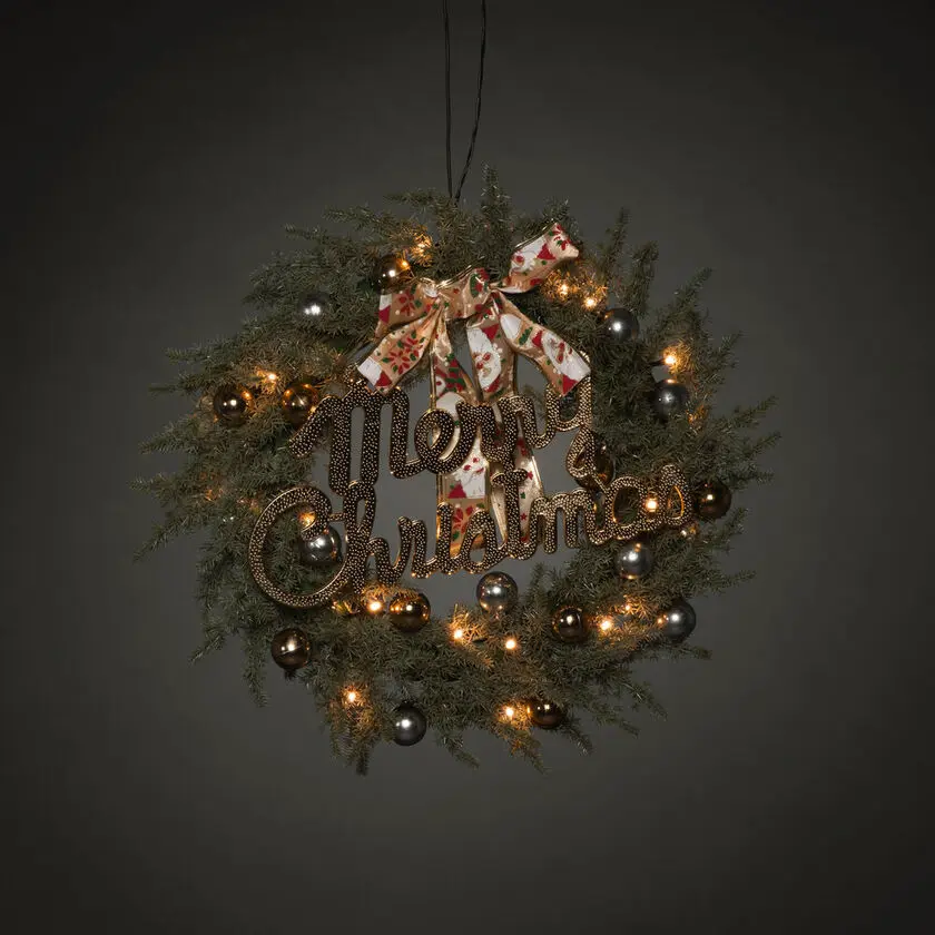 Grankrans Ø40 Vert De Konstsmide - Belle couronne de No&euml;l avec 25 lumi&egrave;res LED ambr&eacute;es, boules d&eacute;coratives, ruban et le texte "Joyeux No&euml;l".