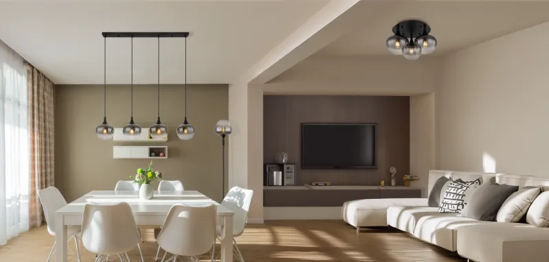 Maxy Ø45 Couleur fumée plafonnier De Globo Lighting - P&aring; en rund takplatta av matttsvart metall sitter tre vackert formade r&ouml;kf&auml;rgade glaskupor.