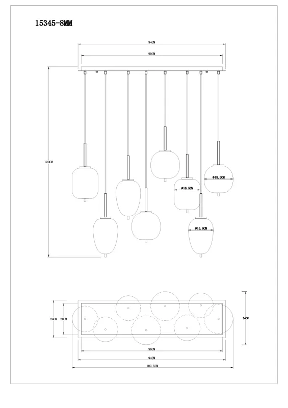 Blacky 102cm Laiton suspension De Globo Lighting - Den 102,5 cm l&aring;nga pendellampan har en rektangul&auml;r m&auml;ssingsf&auml;rgad metallplatta, fr&aring;n denna h&auml;nger &aring;tta svarta kablar med runda, r&ouml;kf&auml;rgade glasglober i olika former.
