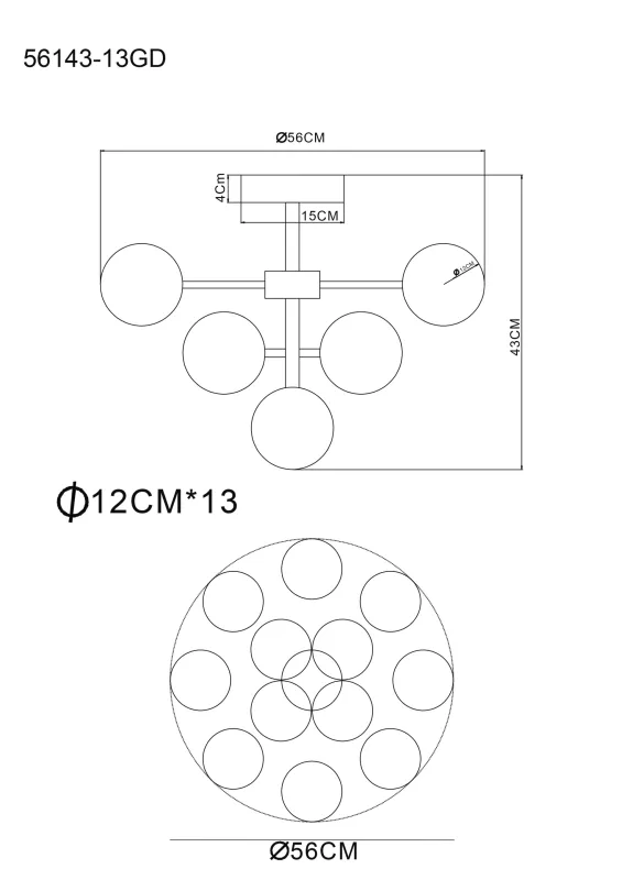 Grappy Ø56 Or plafonnier De Globo Lighting - Grappy plafond i guldf&auml;rgad metall blir en stilfull och lyxig detalj i varje rum med sin glamor&ouml;sa design och de 13st opalf&auml;rgade glaskulorna.