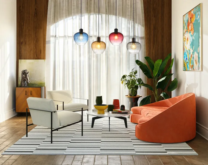 Toy 108cm Multicolore suspension De Globo Lighting - Varje glas finns i en av fyra levande f&auml;rger &ndash; r&ouml;d, bl&aring;, b&auml;rnsten och r&ouml;k &ndash; vilket skapar en harmonisk ljusst&auml;mning och ger rummet imponerande f&auml;rgaccenter.