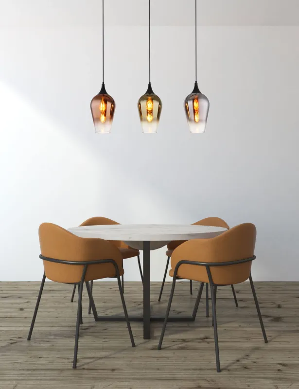 Lavus 83cm Noir suspension De Globo Lighting - Lavus &auml;r en elegant taklampa med tre dekorativa glaskupor i koppar-, guld- och kromfinish, vilket ger lampan en modern och stilfull karakt&auml;r.