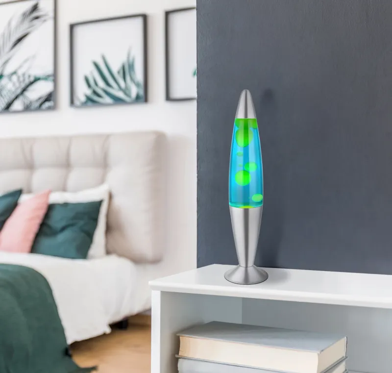 Etna Argent lampe pour enfant De Globo Lighting - Etna &auml;r en fascinerande lavalampa med bl&aring; v&auml;tska och gult vax som sm&auml;lter l&aring;ngsamt och skapar hypnotiska ljuseffekter.