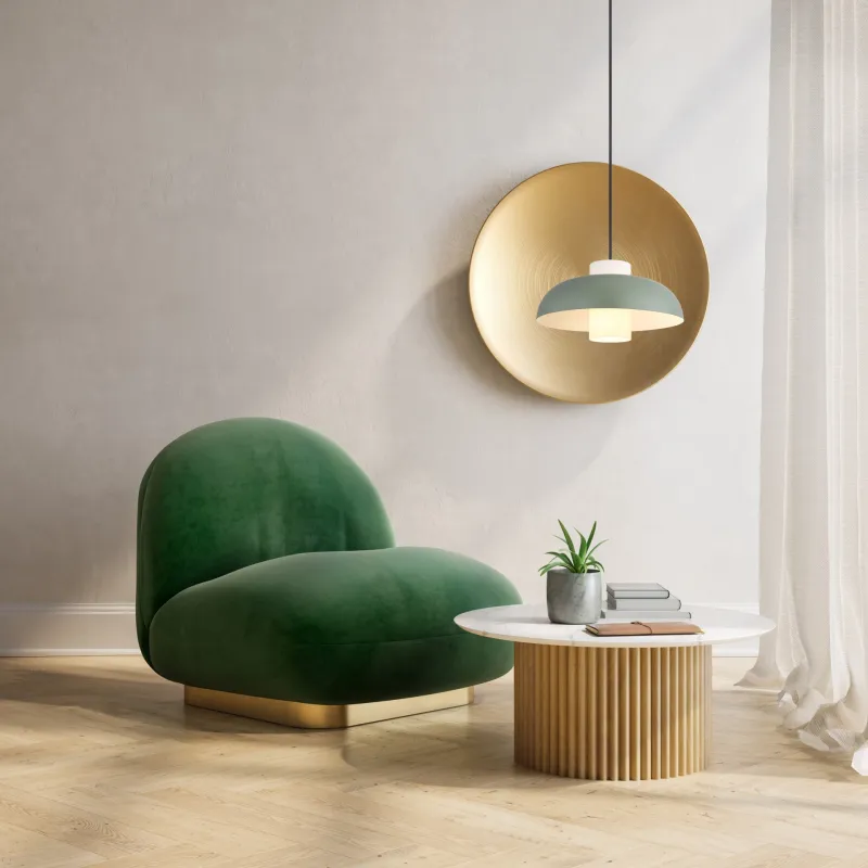 Lowe Ø38 Vert suspension De Globo Lighting - Den runda sk&auml;rmen i matt gr&ouml;nf&auml;rgad metall ger ett elegant och tidl&ouml;st uttryck, medan den cylinderformade sk&auml;rmen i opalglas sprider ett mjukt och behagligt ljus.