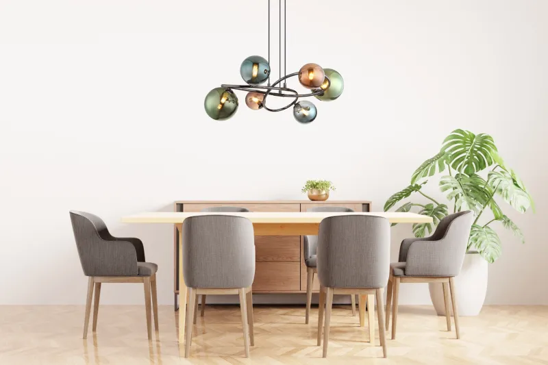 Riha 62cm Multicolore suspension De Globo Lighting - De olika glaskulorna i brons, gr&ouml;nt och petrol ger lampan en dynamisk och lekfull karakt&auml;r samtidigt som de skapar en visuellt intressant ljusbild.