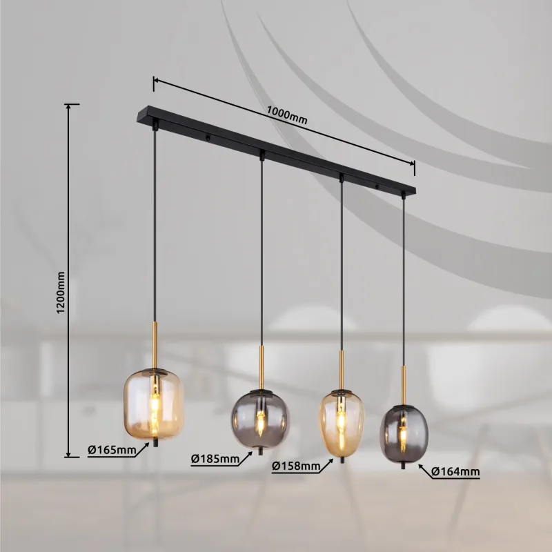 Blacky 110cm Ambre suspension De Globo Lighting - De fyra r&ouml;k- och amberf&auml;rgade glasgloberna i olika former h&auml;nger fr&aring;n en svart, rektangul&auml;r takplatta och kan justeras upp till 120 cm fr&aring;n taket.