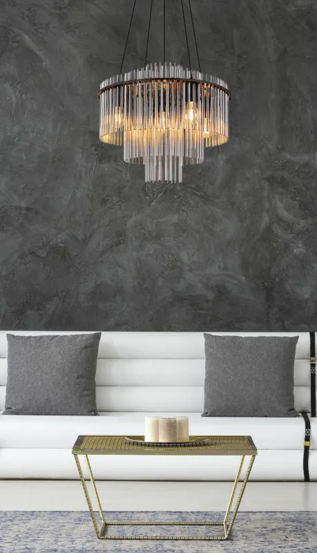 Gorley Ø50 Couleur fumée suspension De Globo Lighting - Med sin runda form och sk&auml;rm av r&ouml;kf&auml;rgade glasstavar skapar den en sofistikerad ljusbild och en st&auml;mningsfull atmosf&auml;r.