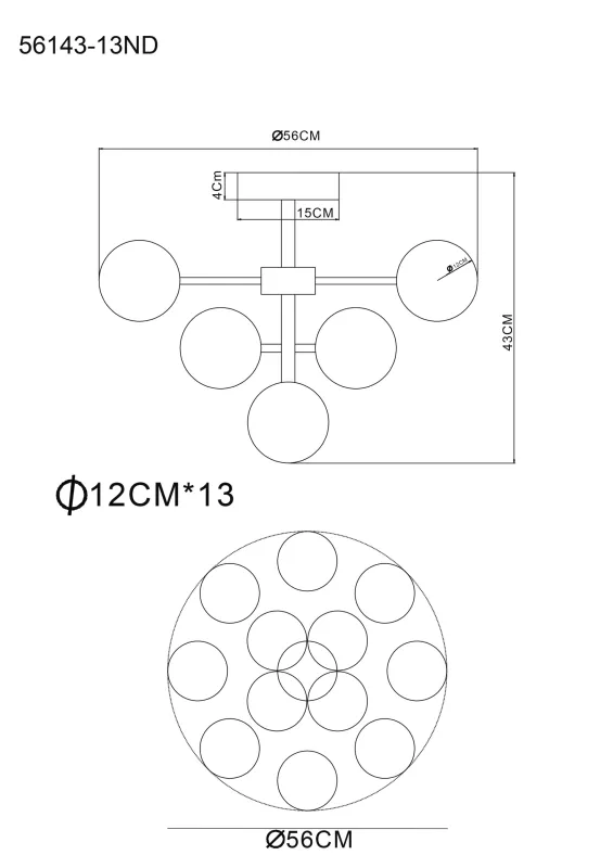 Grappy Ø56 Nickel plafonnier De Globo Lighting - Grappy plafond blir en stilfull och lyxig detalj i varje rum med sin glamor&ouml;sa design och de 13st opalf&auml;rgade glaskulorna.