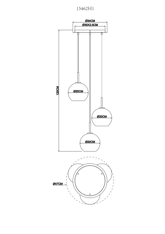 Adara Ø47 Or suspension De Globo Lighting - De tre glasgloberna h&auml;nger i justerbara rep och kan anpassas i h&ouml;jd upp till 1,2 meter, vilket ger flexibilitet i belysningen.
