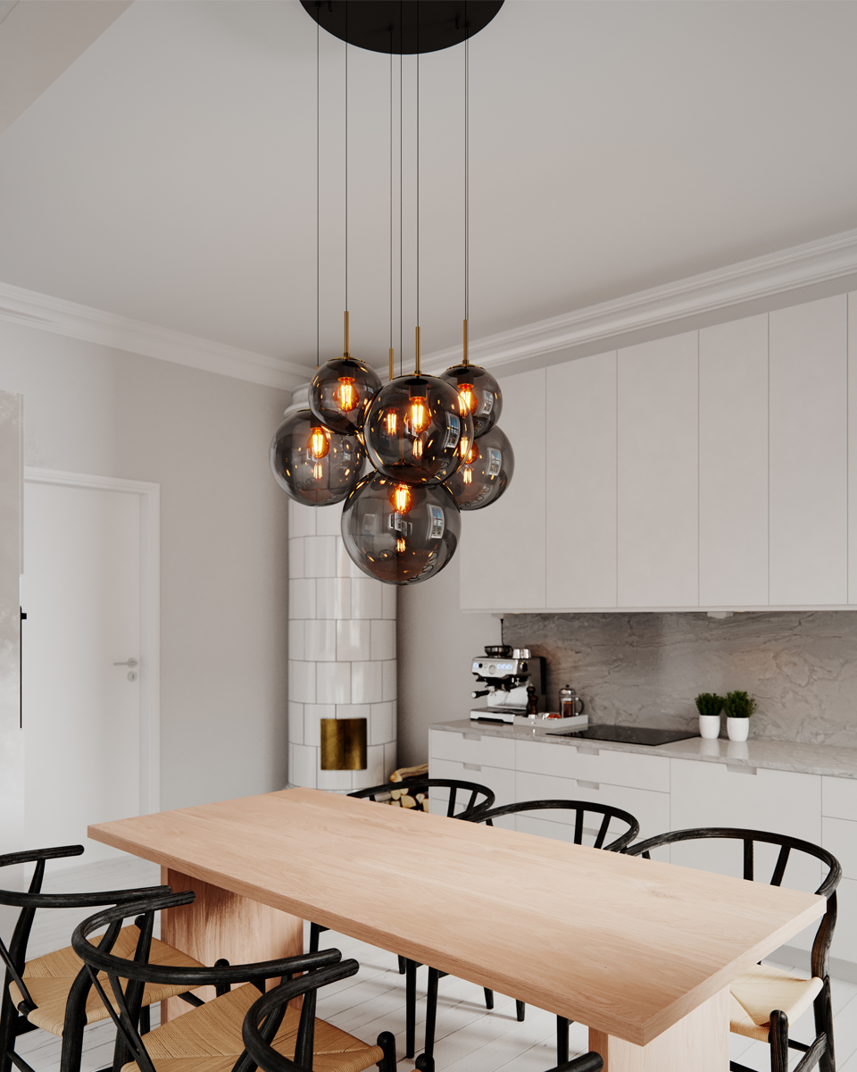 Laura Ø53 Gris fumé suspension De By Rydéns - Il est &eacute;quip&eacute; de sept d&ocirc;mes en verre gris clair de diff&eacute;rentes tailles faciles &agrave; assembler.