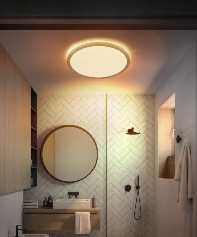 Sapana Ø42 Bois lampe de salle de bain De Globo Lighting - Lampan &auml;r tillverkad av tr&auml;inspirerad och vit plast, vilket ger ett mjukt och bl&auml;ndfritt ljus.