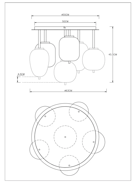 Blacky Ø63 Noir plafonnier De Globo Lighting - Lampan &auml;r utrustad med 6st r&ouml;kf&auml;rgade glaskupor i olika former, som h&auml;nger fr&aring;n taket p&aring; mattsvarta st&auml;nger f&auml;sta vid en matchande bas.