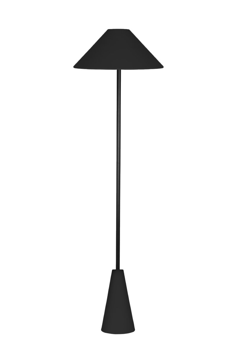 Cannes Noir lampadaire De Globen Lighting - Son format compact lui permet de prendre peu de place dans un coin de la maison, tandis que l'abat-jour diffuse une lumière douce et agréable dirigée vers le bas.