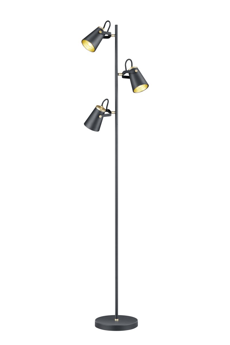 Edward Noir lampadaire De Trio Lighting - Le lampadaire EDWARD avec ses trois têtes lumineuses réglables et son design moderne en noir mat et or est parfait pour créer des accents d'éclairage d'ambiance dans n'importe quelle pièce.
