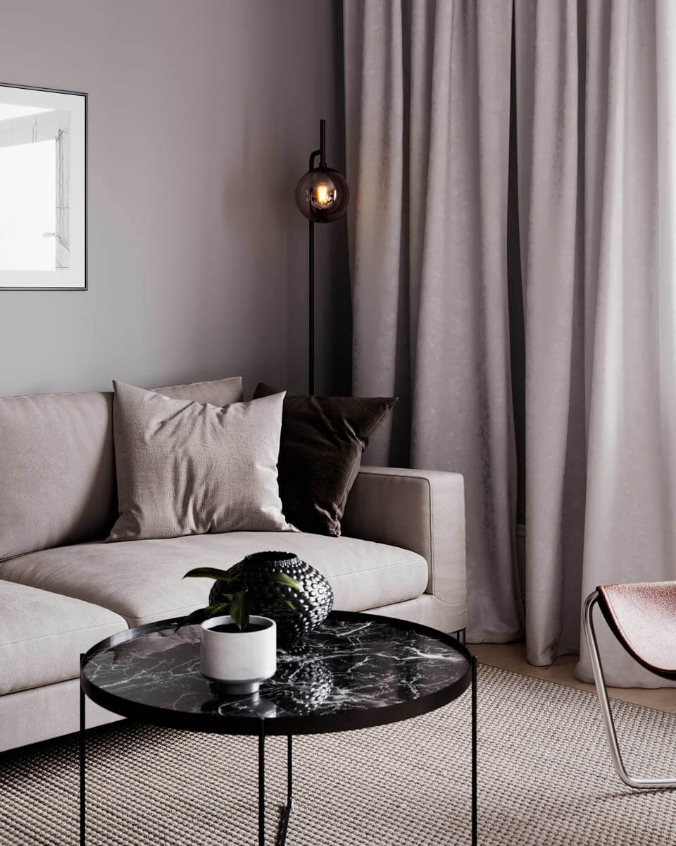Boyle Noir lampadaire De By Rydéns - Gr&acirc;ce &agrave; la combinaison de marbre gris, de m&eacute;tal noir et de verre fum&eacute;, Boyle s'int&egrave;gre discr&egrave;tement dans la plupart des int&eacute;rieurs.