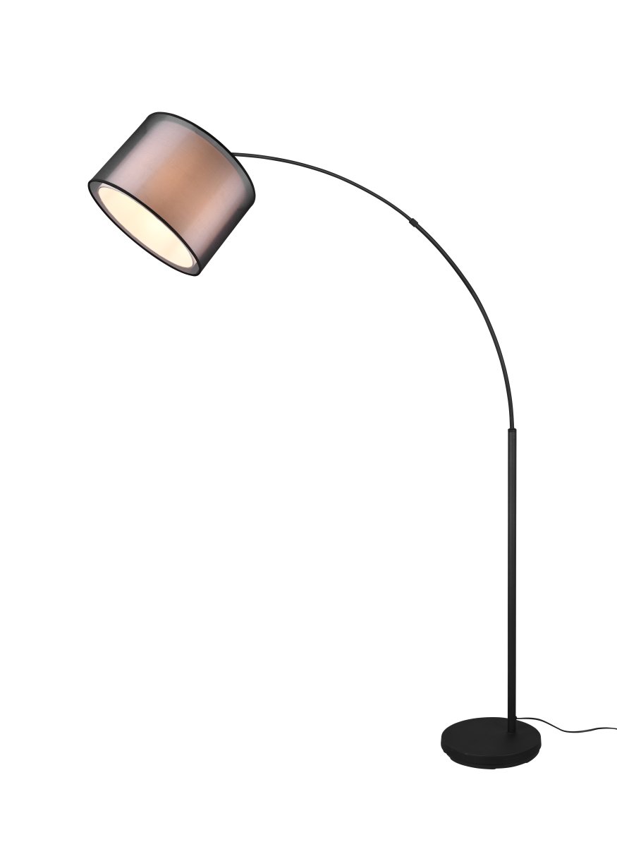Burton Noir lampadaire De Trio Lighting - La combinaison moderne d'un abat-jour intérieur en tissu blanc et d'un abat-jour extérieur en plastique noir transparent semble à la fois individuelle et rafraîchissante et peut être intégrée dans les espaces de vie modernes.